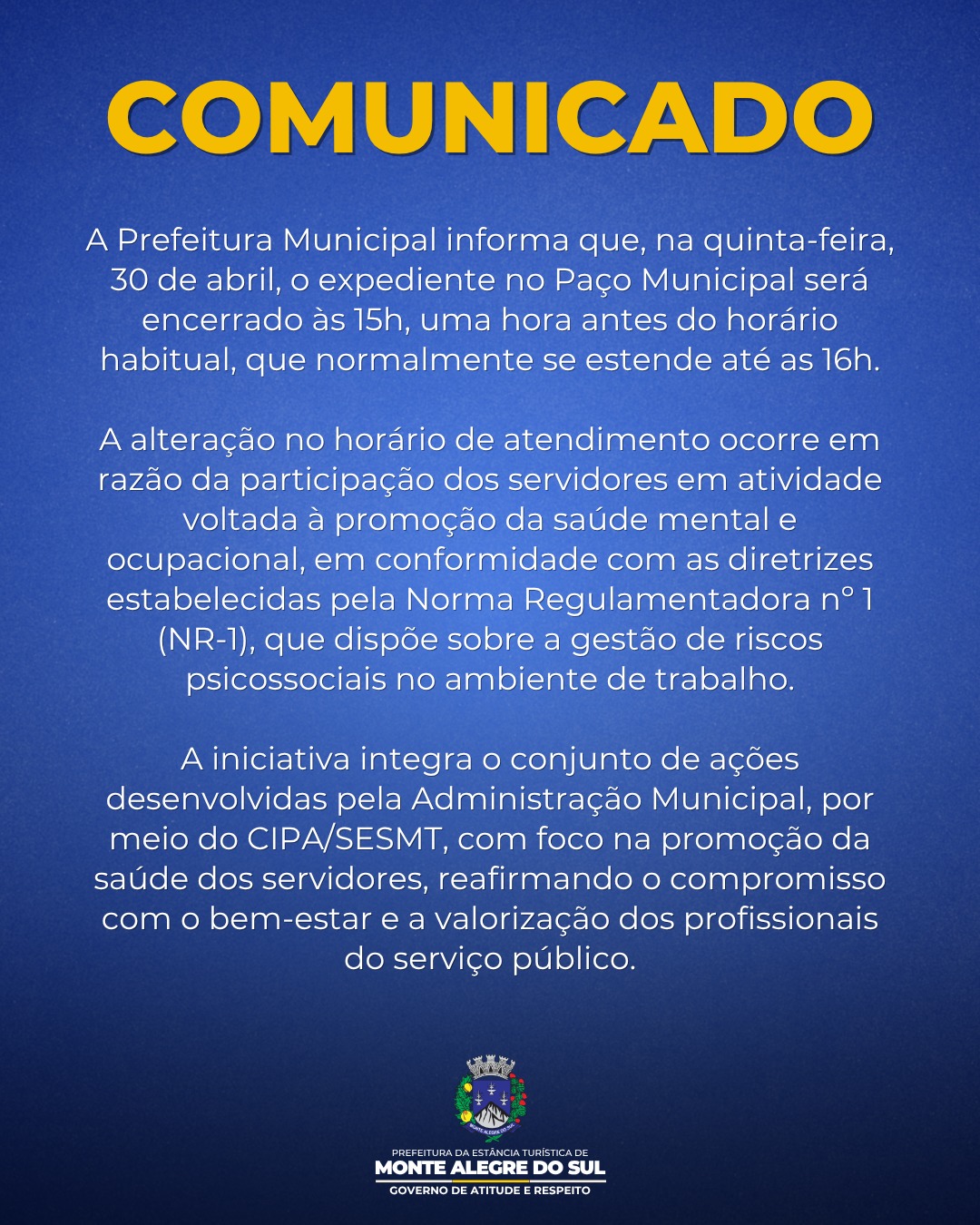 Post do instagram da Prefeitura de Monte Alegre do Sul