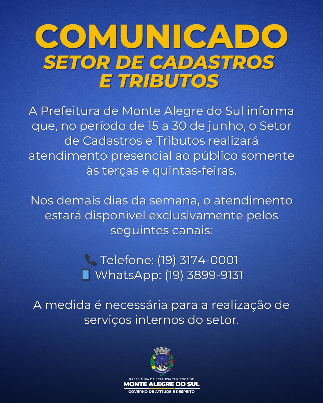 Post do instagram da Prefeitura de Monte Alegre do Sul